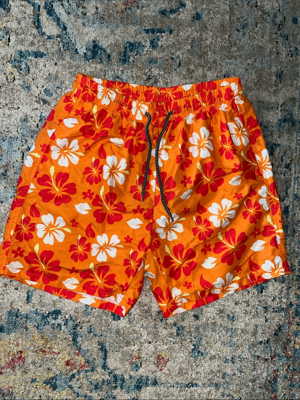 SHEIN Orange Floral Hybrid Swim Shorts with Red & White Hibiscus